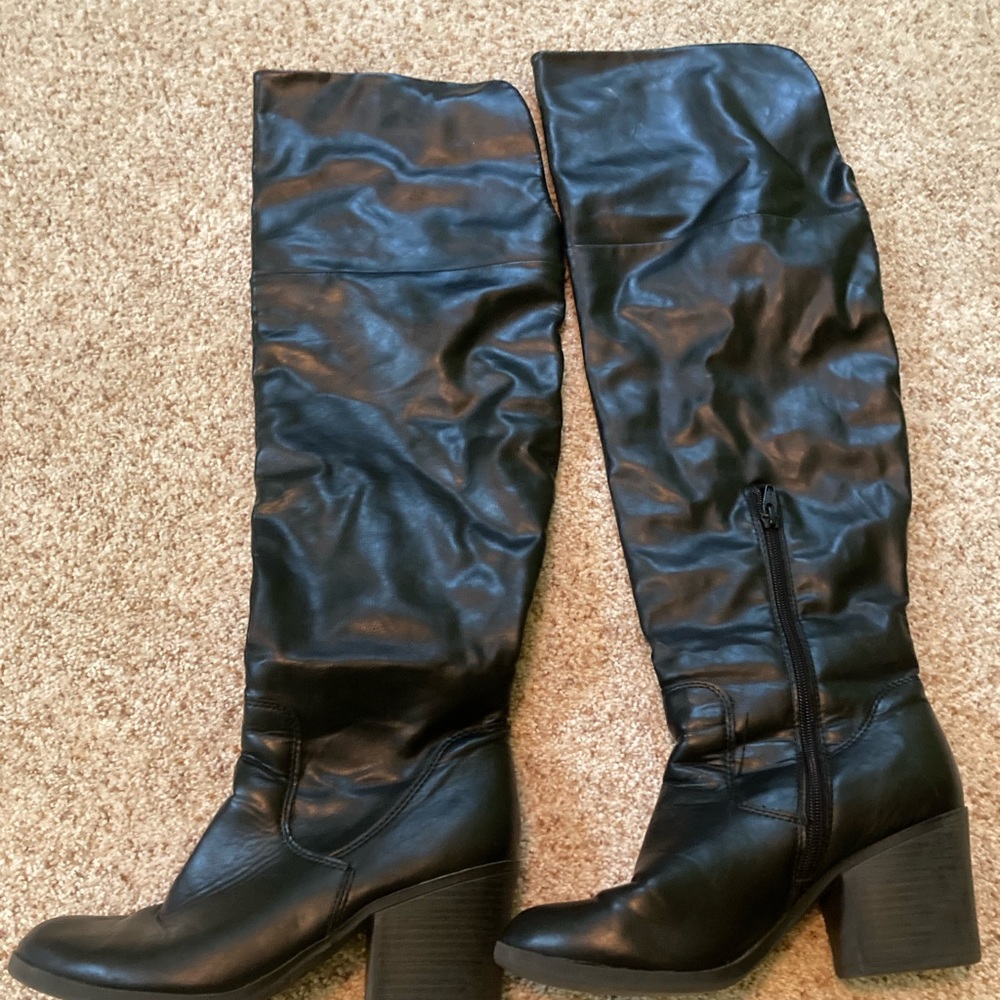 Black faux leather knee-high boots